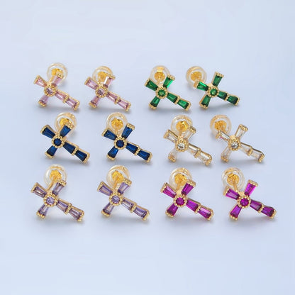 24K Gold Filled CZ Baguette Religious Cross Stud Earrings | P053 - P061