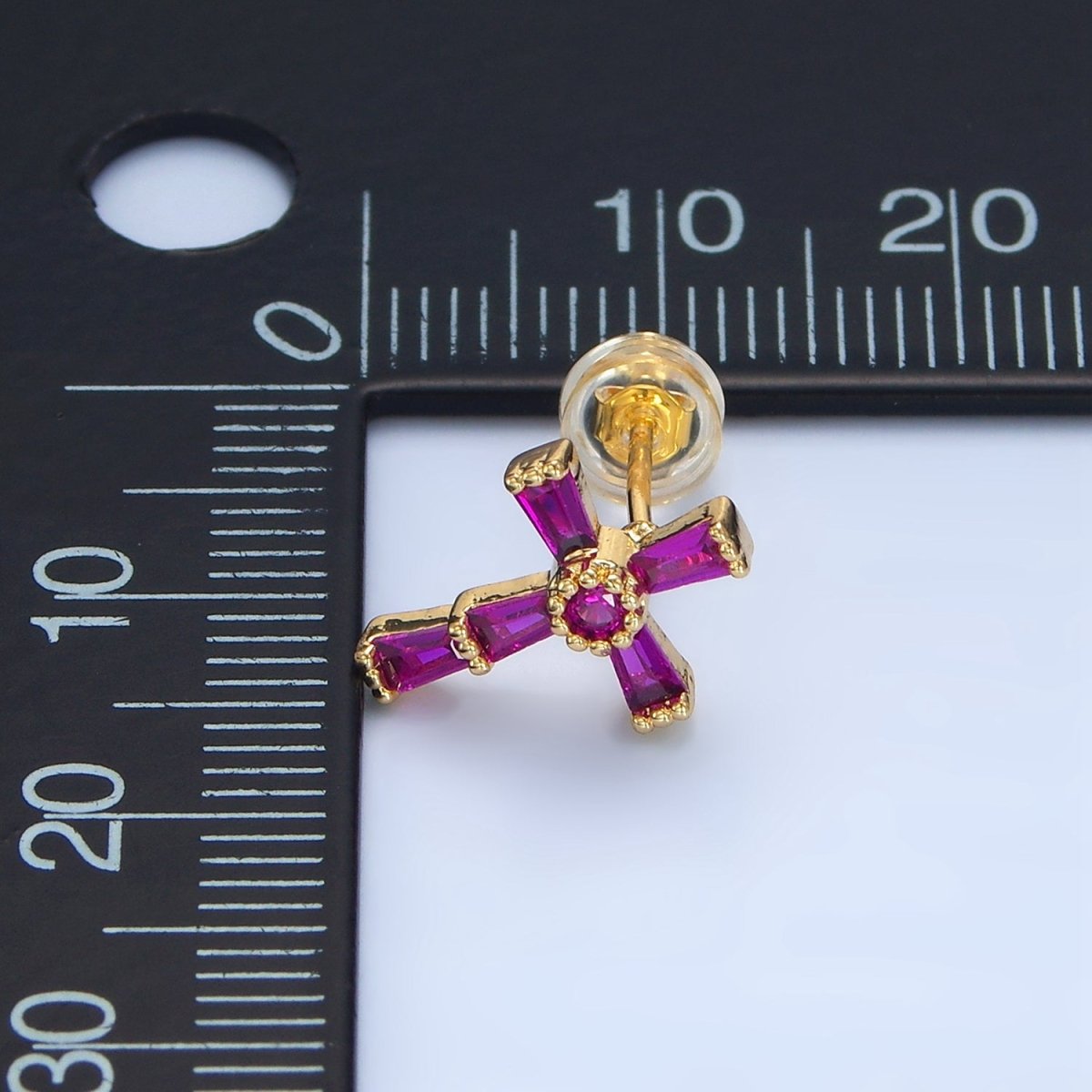 24K Gold Filled CZ Baguette Religious Cross Stud Earrings | P053 - P061