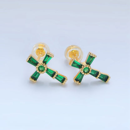 24K Gold Filled CZ Baguette Religious Cross Stud Earrings | P053 - P061