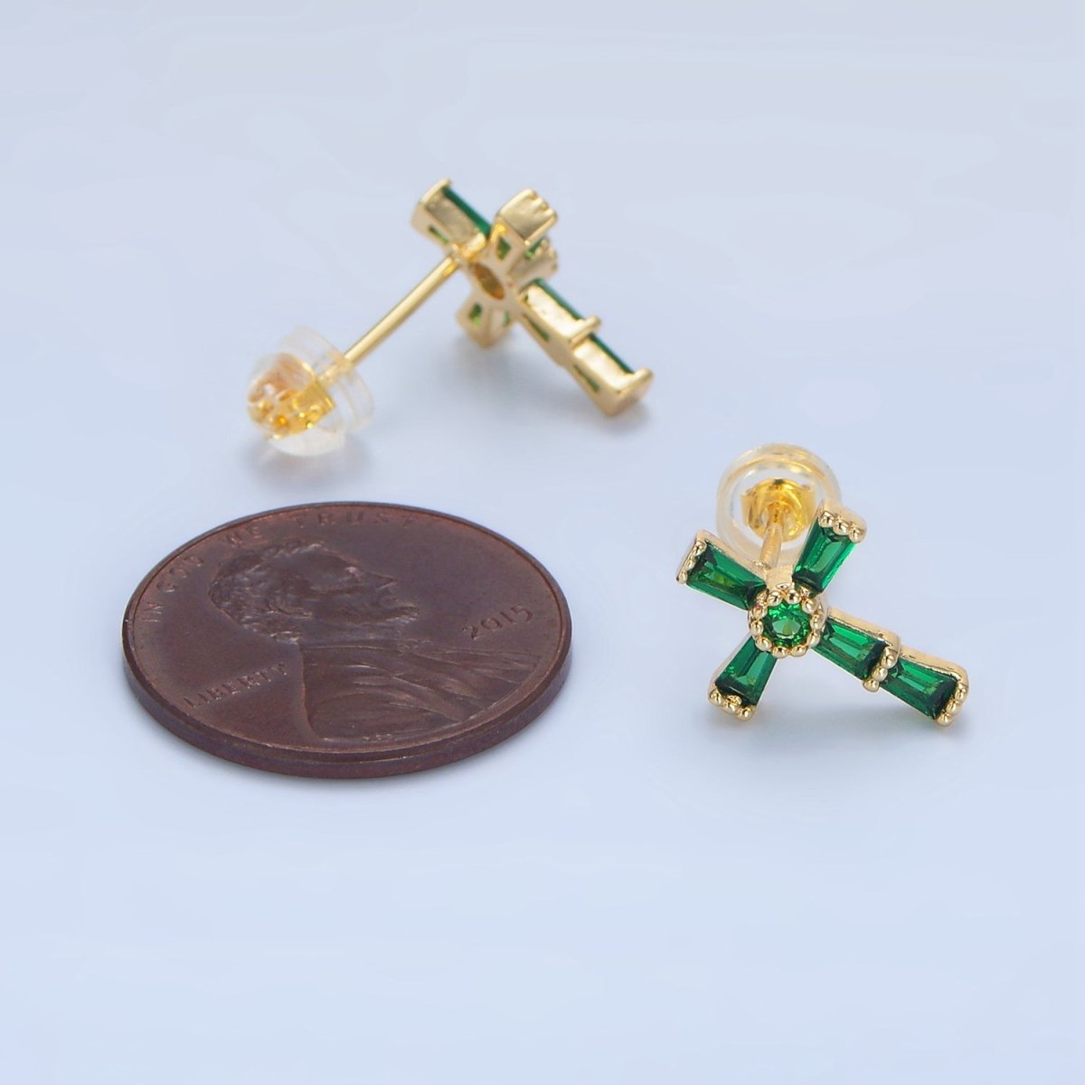 24K Gold Filled CZ Baguette Religious Cross Stud Earrings | P053 - P061