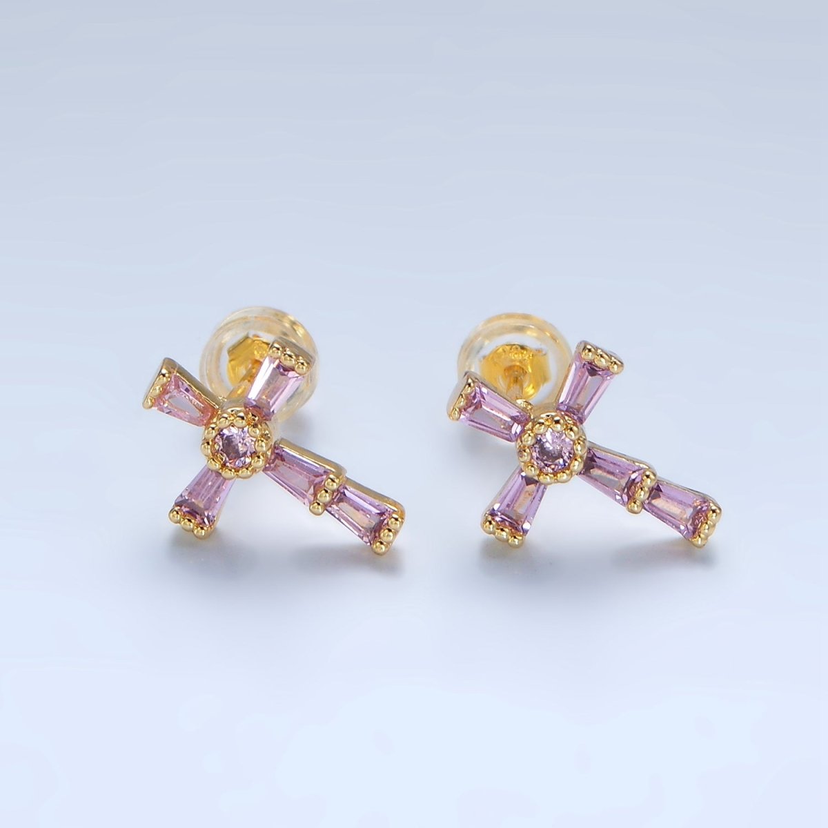 24K Gold Filled CZ Baguette Religious Cross Stud Earrings | P053 - P061