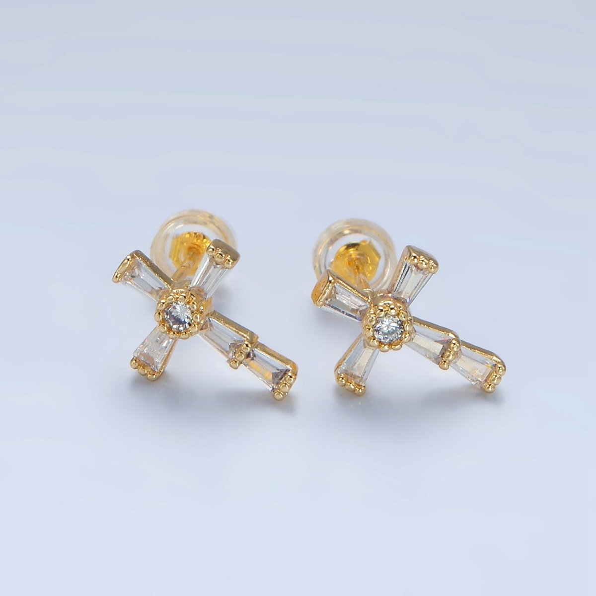 24K Gold Filled CZ Baguette Religious Cross Stud Earrings | P053 - P061