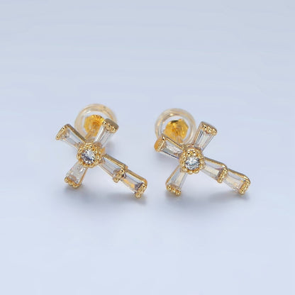 24K Gold Filled CZ Baguette Religious Cross Stud Earrings | P053 - P061