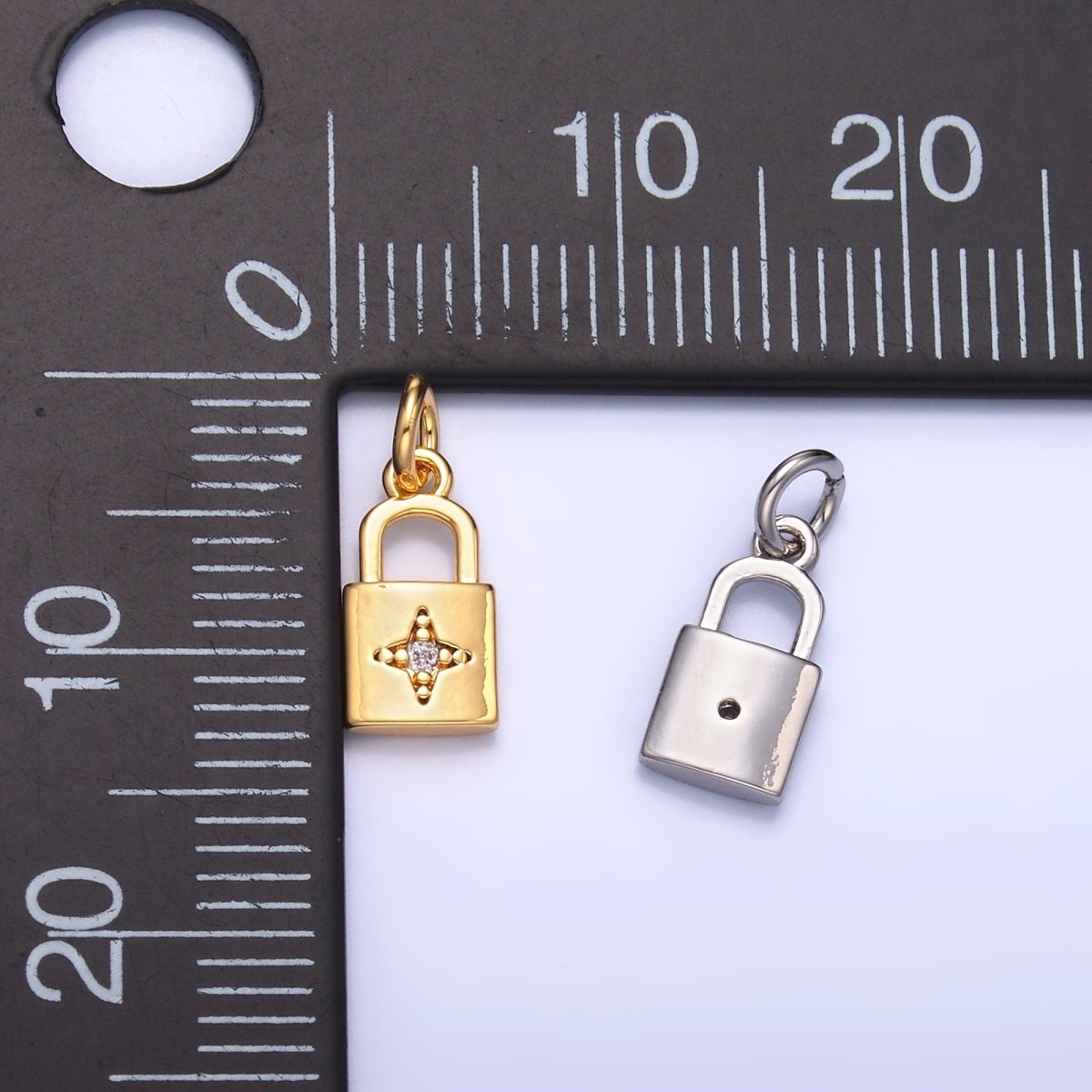24K Gold Filled 10mm CZ Celestial Star Padlock Mini Charm in Gold &amp; Silver | E825