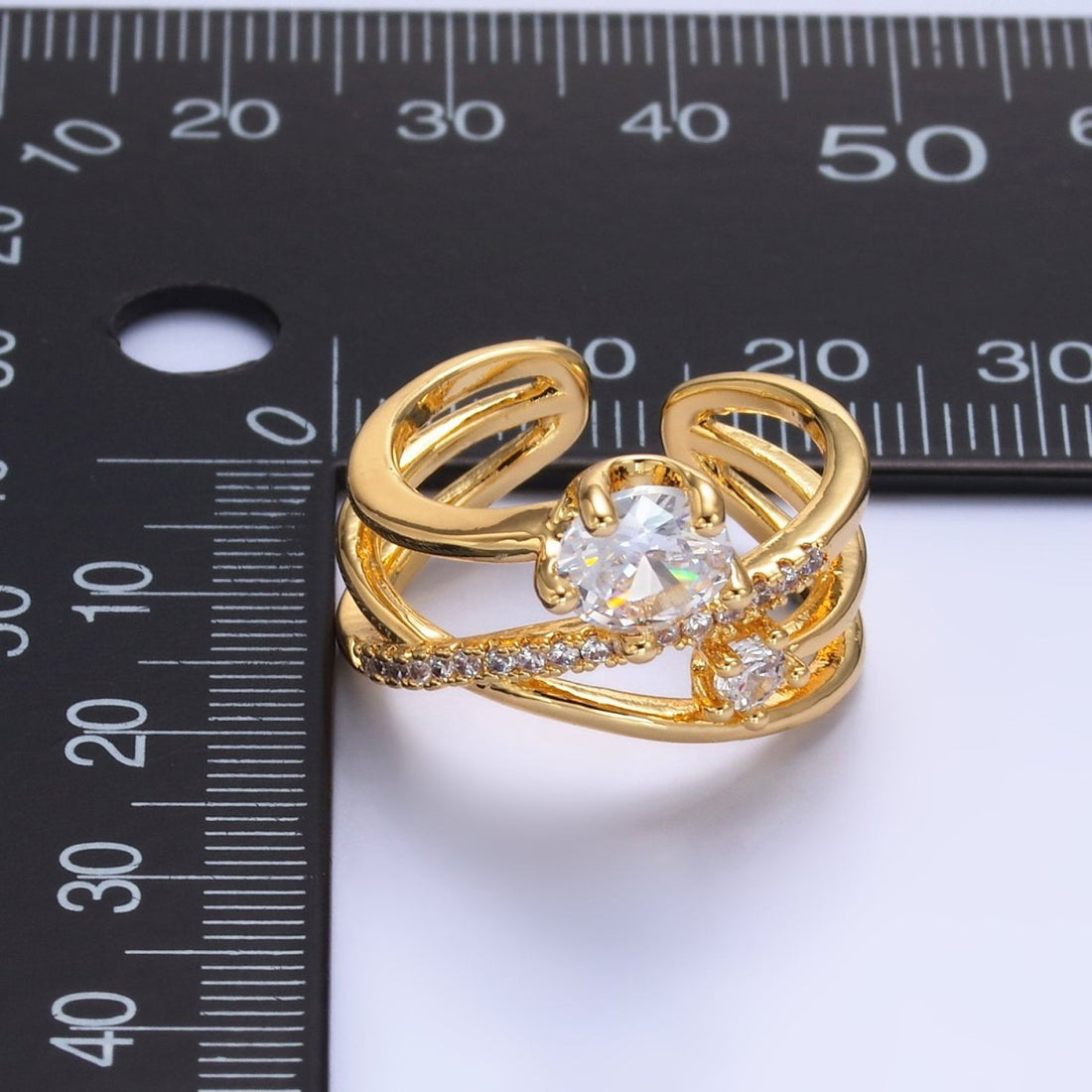 24K Gold Filled CZ Clear Micro Paved Geometric Multi-Band Ring | O550