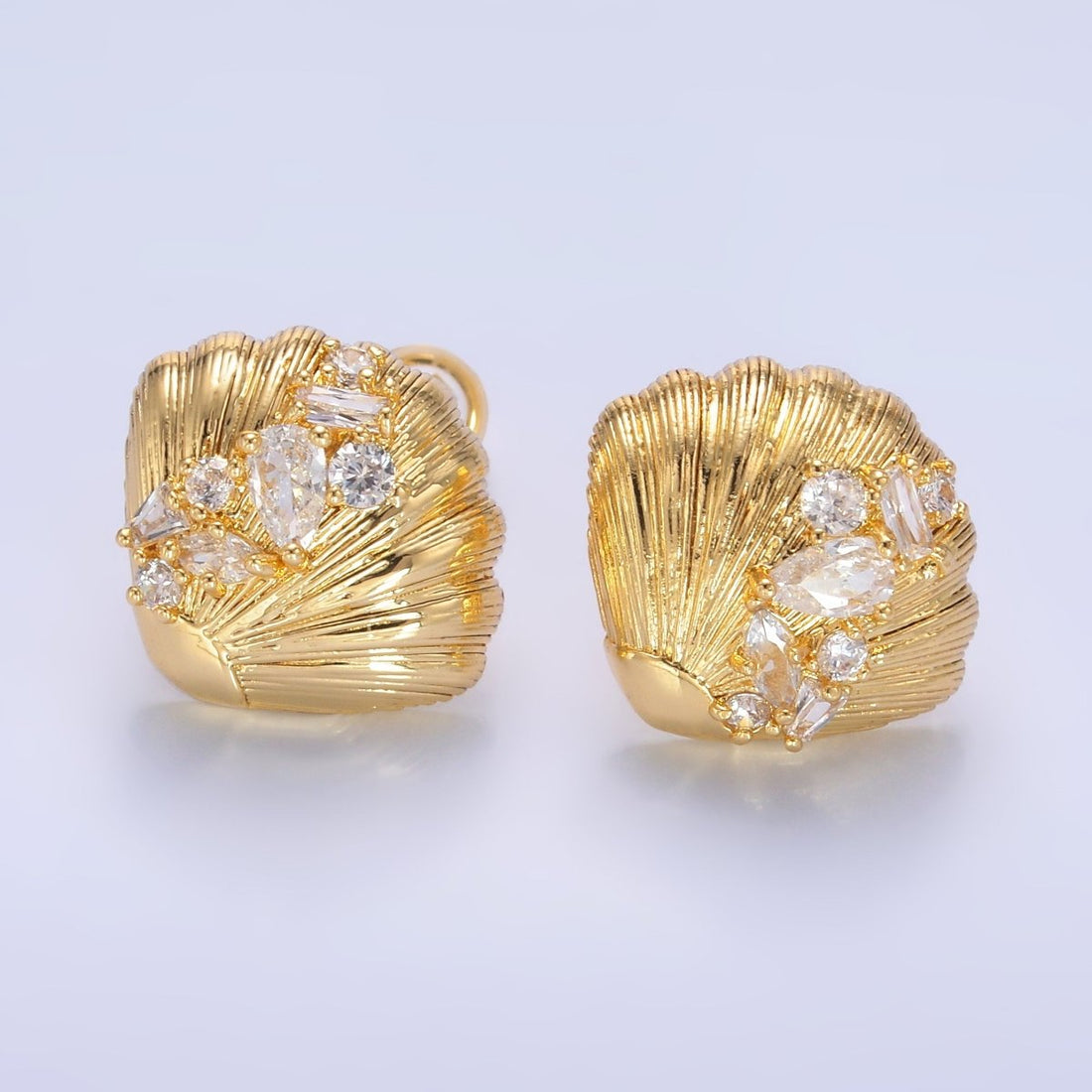 24K Gold Filled CZ Cluster Lined Sea Shell Stud Earrings | AB709