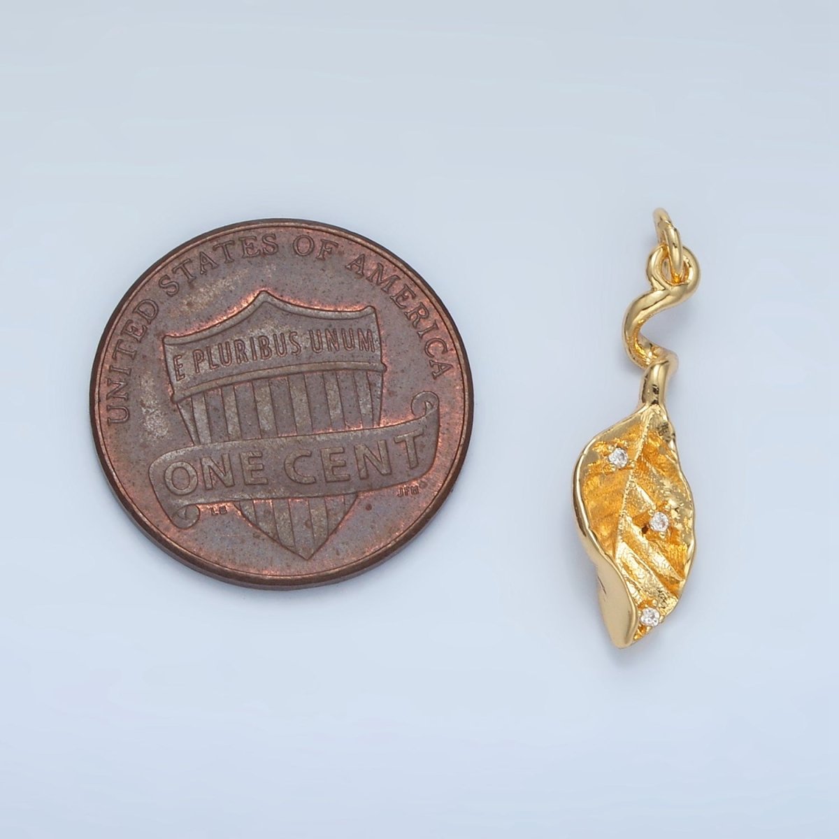 24K Gold Filled 20mm CZ Curved Leaf Nature Multidimensional Mini Charm in Gold &amp; Silver | E382