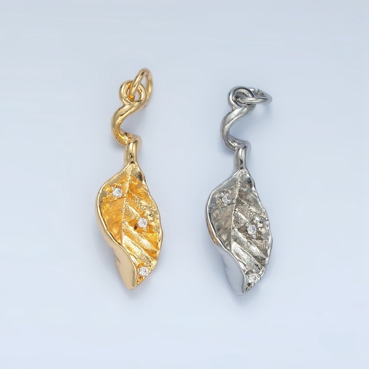 24K Gold Filled 20mm CZ Curved Leaf Nature Multidimensional Mini Charm in Gold &amp; Silver | E382