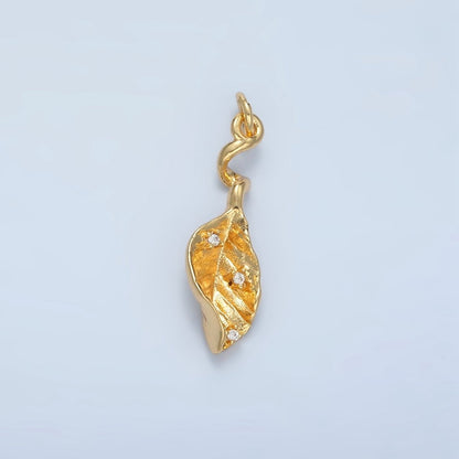 24K Gold Filled 20mm CZ Curved Leaf Nature Multidimensional Mini Charm in Gold &amp; Silver | E382