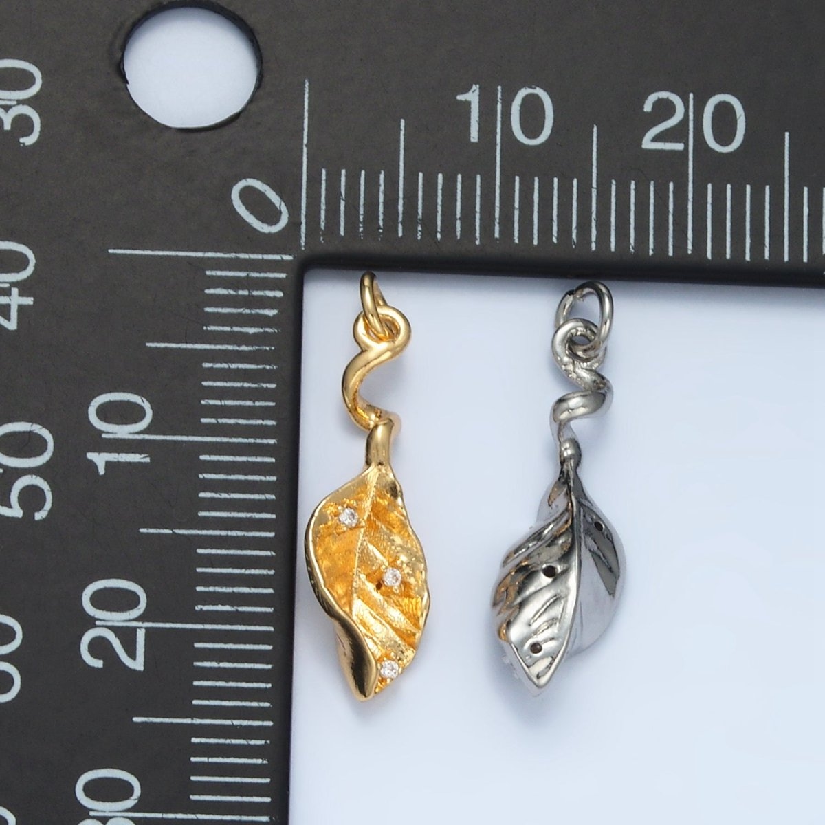 24K Gold Filled 20mm CZ Curved Leaf Nature Multidimensional Mini Charm in Gold &amp; Silver | E382