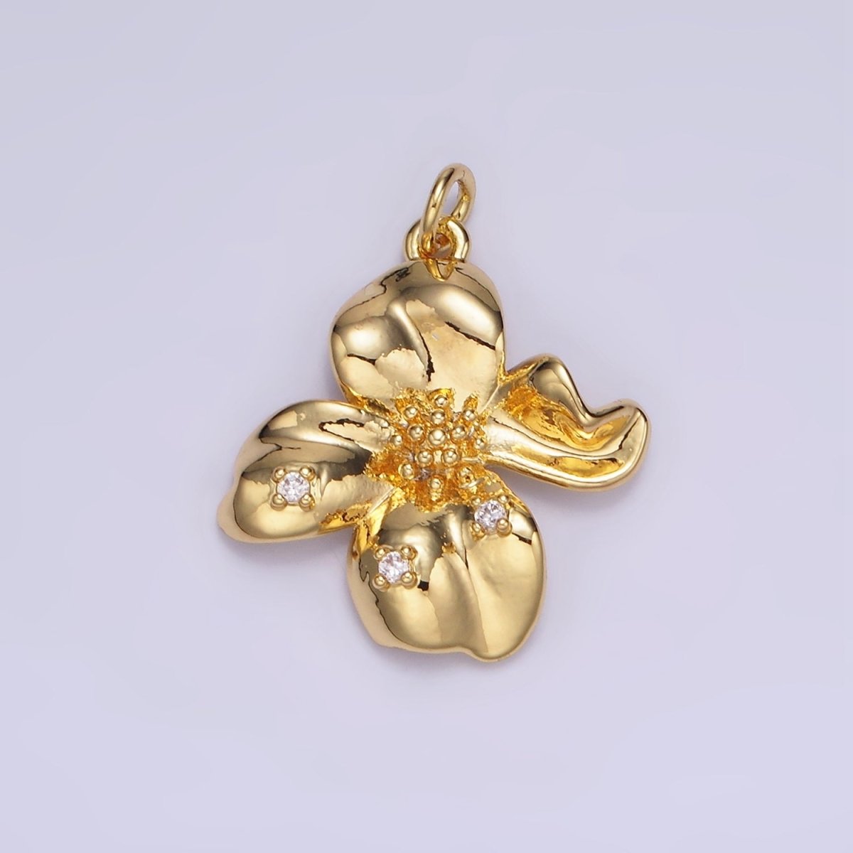24K Gold Filled CZ Dotted Molten Foil Flower Petal Charm in Gold &amp; Silver | C242