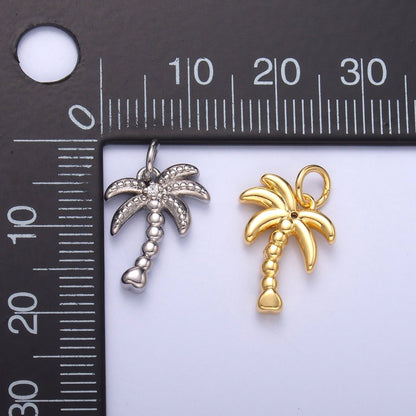 24K Gold Filled CZ Dotted Nature Palm Tree 3D Multidimensional Charm in Gold &amp; Silver | N019