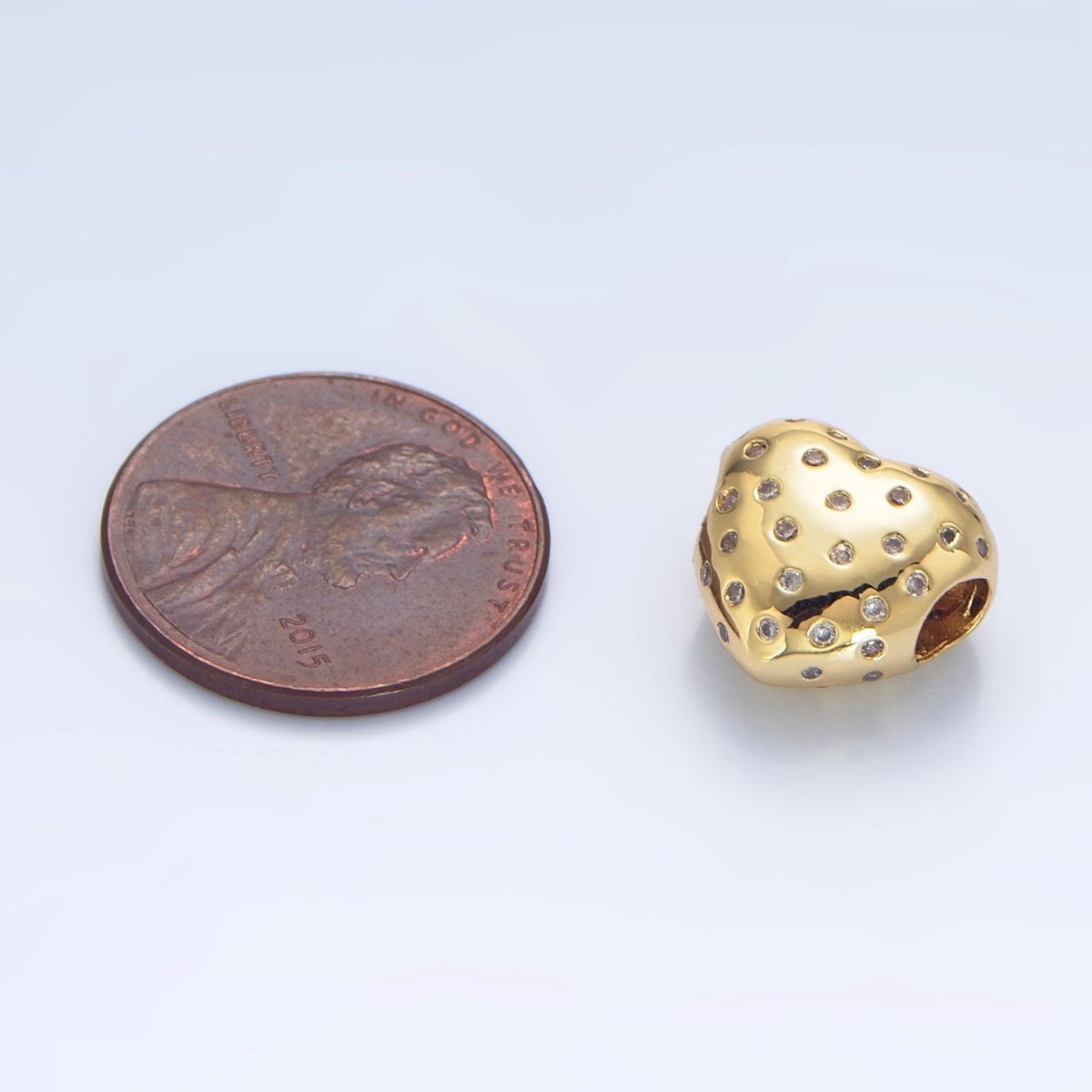 24K Gold Filled 13mm Clear CZ Dotted Heart Bead in Gold &amp; Silver | B910