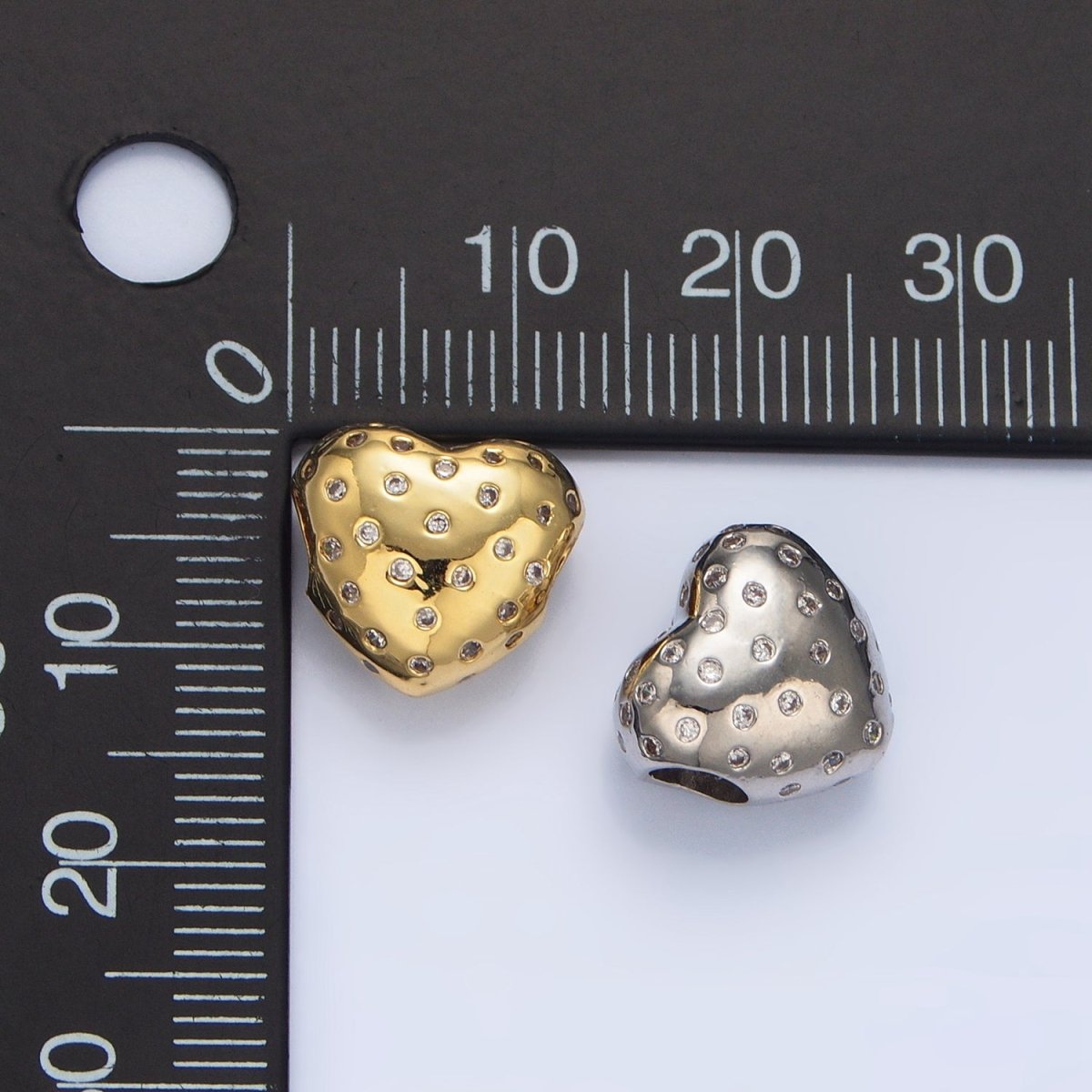 24K Gold Filled 13mm Clear CZ Dotted Heart Bead in Gold &amp; Silver | B910