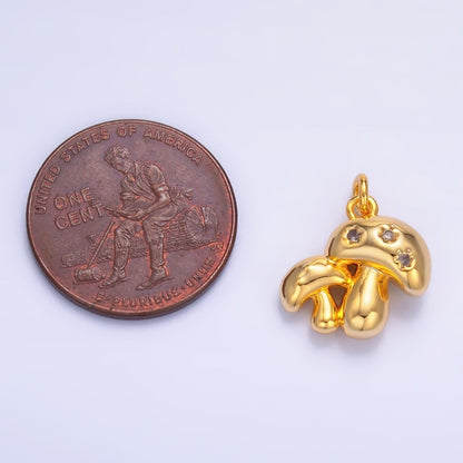24K Gold Filled CZ Double Mushroom 3D Multidimensional Charm in Gold &amp; Silver | W884