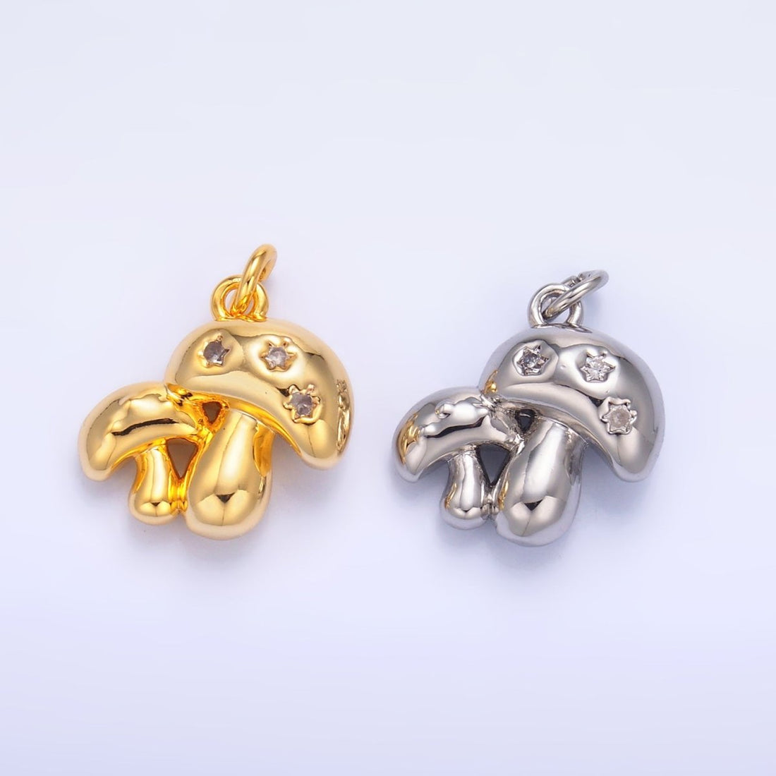 24K Gold Filled CZ Double Mushroom 3D Multidimensional Charm in Gold &amp; Silver | W884