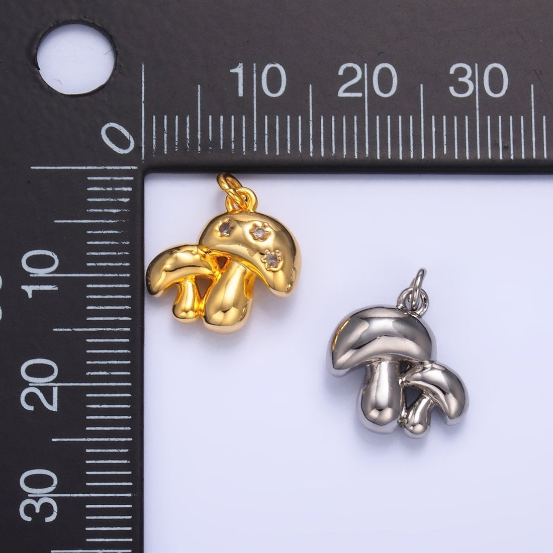 24K Gold Filled CZ Double Mushroom 3D Multidimensional Charm in Gold &amp; Silver | W884