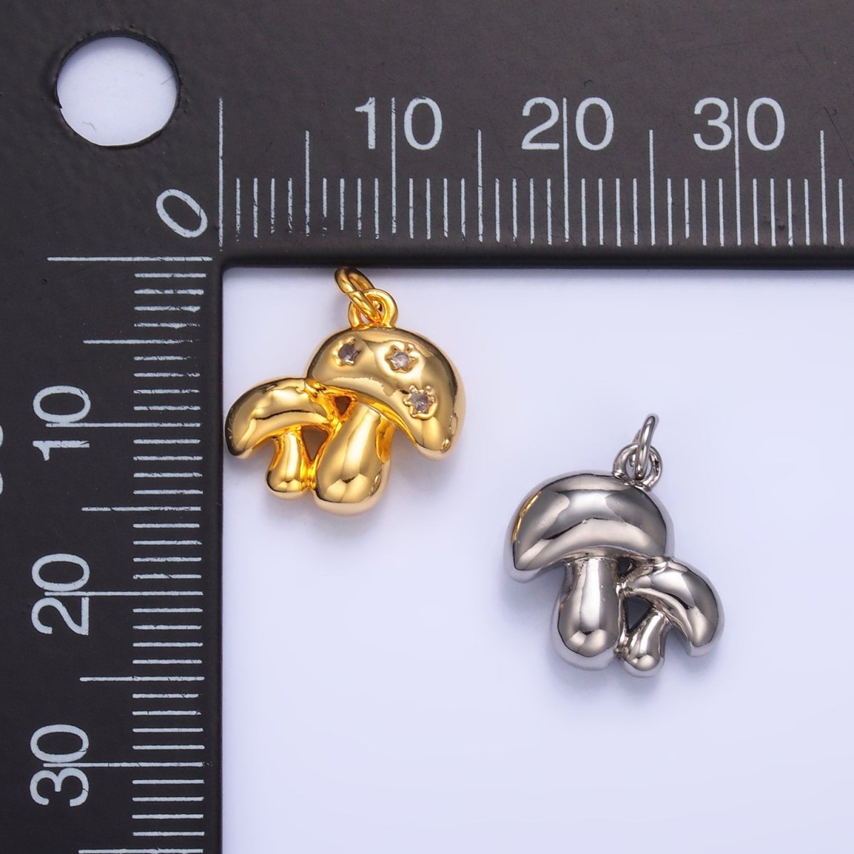 24K Gold Filled CZ Double Mushroom 3D Multidimensional Charm in Gold &amp; Silver | W884