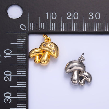 24K Gold Filled CZ Double Mushroom 3D Multidimensional Charm in Gold &amp; Silver | W884