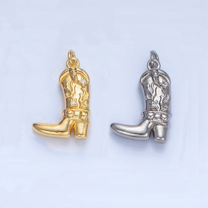 24K Gold Filled 17mm CZ Flaming Cowboy Boot Multidimensional Charm in Gold &amp; Silver | X928