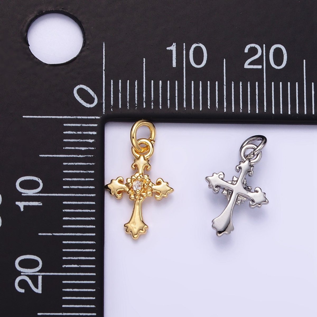24K Gold Filled CZ Fleur Cross Mini Charm in Gold &amp; Silver | AG845