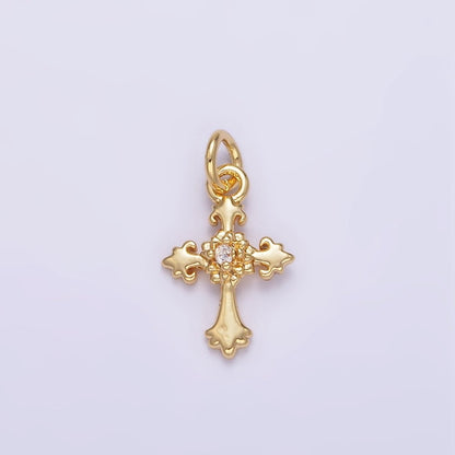 24K Gold Filled CZ Fleur Cross Mini Charm in Gold &amp; Silver | AG845