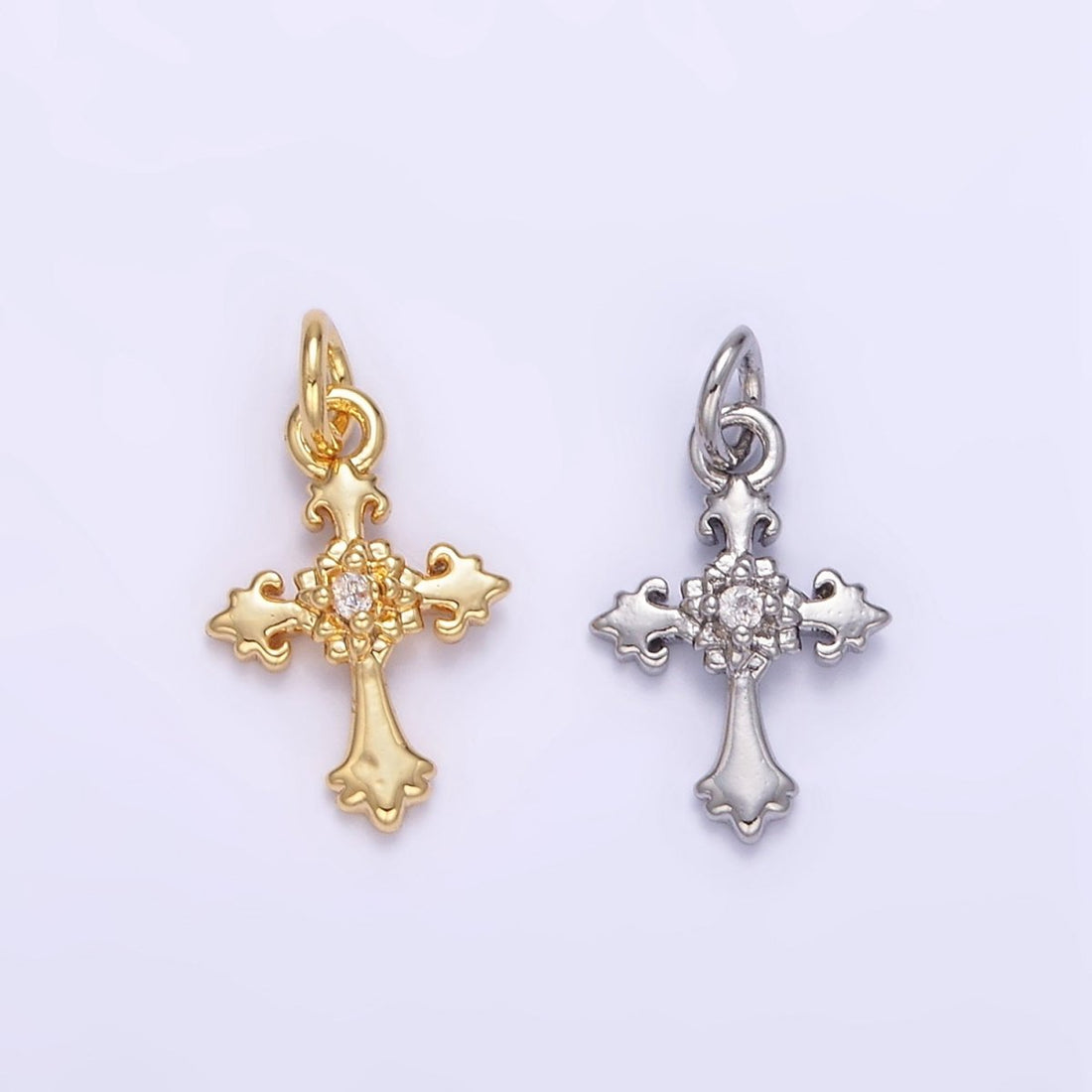 24K Gold Filled CZ Fleur Cross Mini Charm in Gold &amp; Silver | AG845