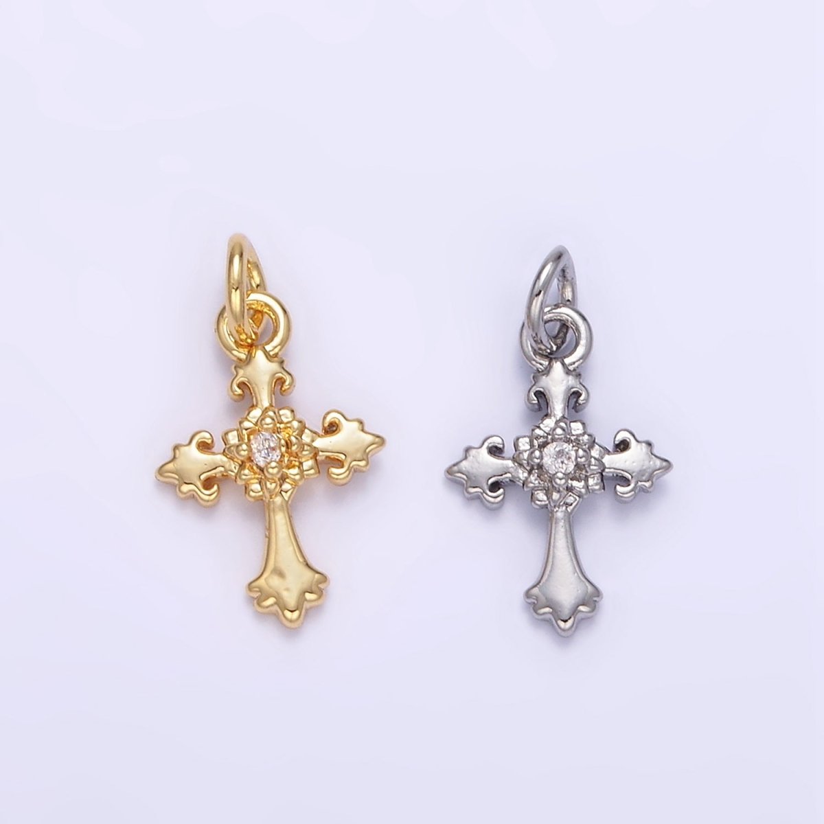 24K Gold Filled CZ Fleur Cross Mini Charm in Gold &amp; Silver | AG845