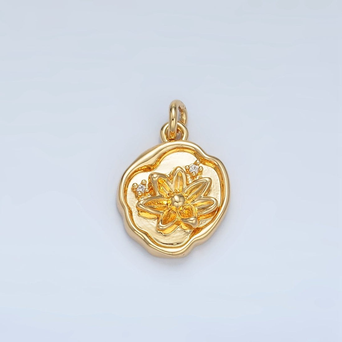 24K Gold Filled CZ Floral Lotus Flower Round Stamped Charm | X310