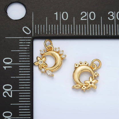 24K Gold Filled CZ Flower and Cresent Moon Celestial Charm | AC-111