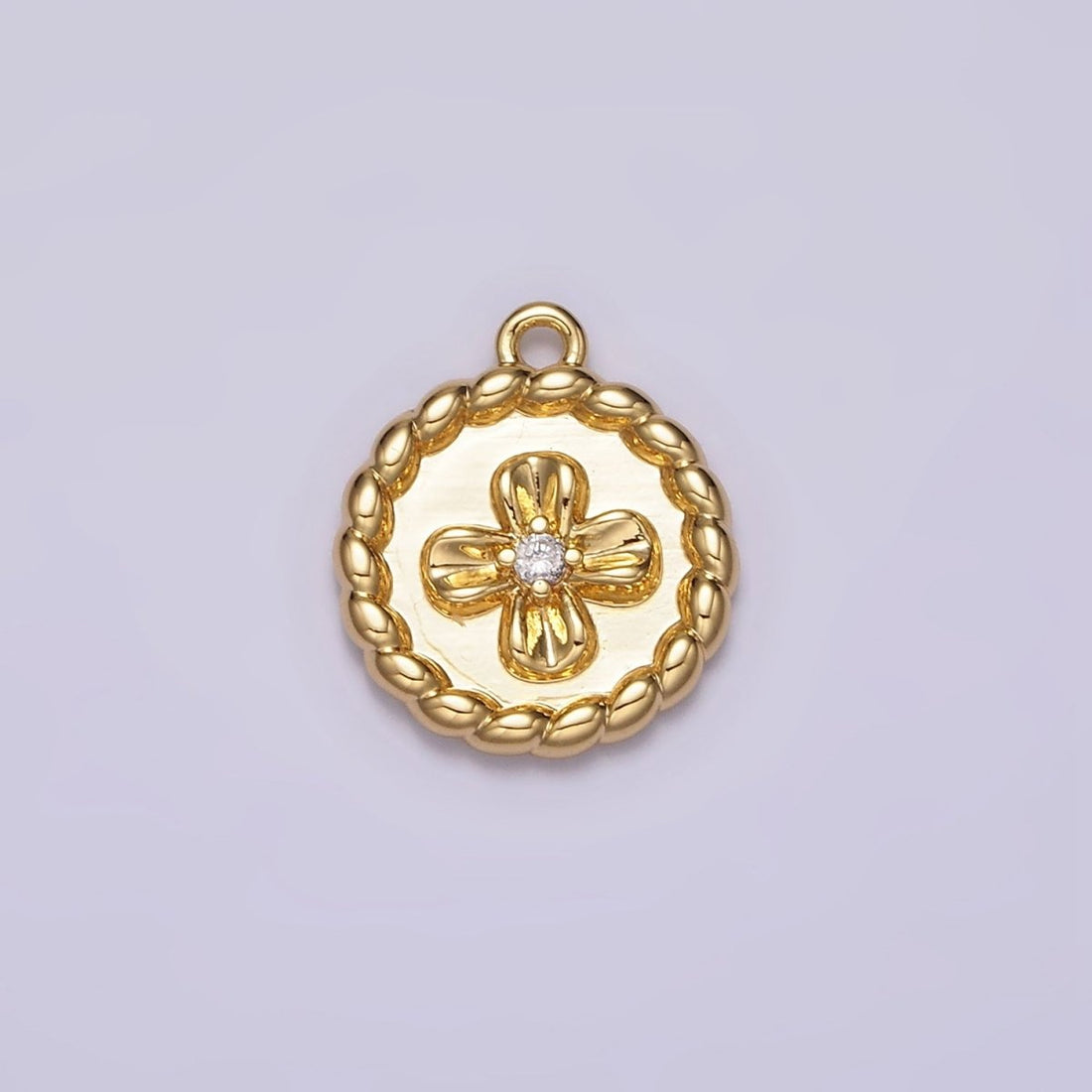 24K Gold Filled CZ Flower Braided Round Coin Charm | AC1429