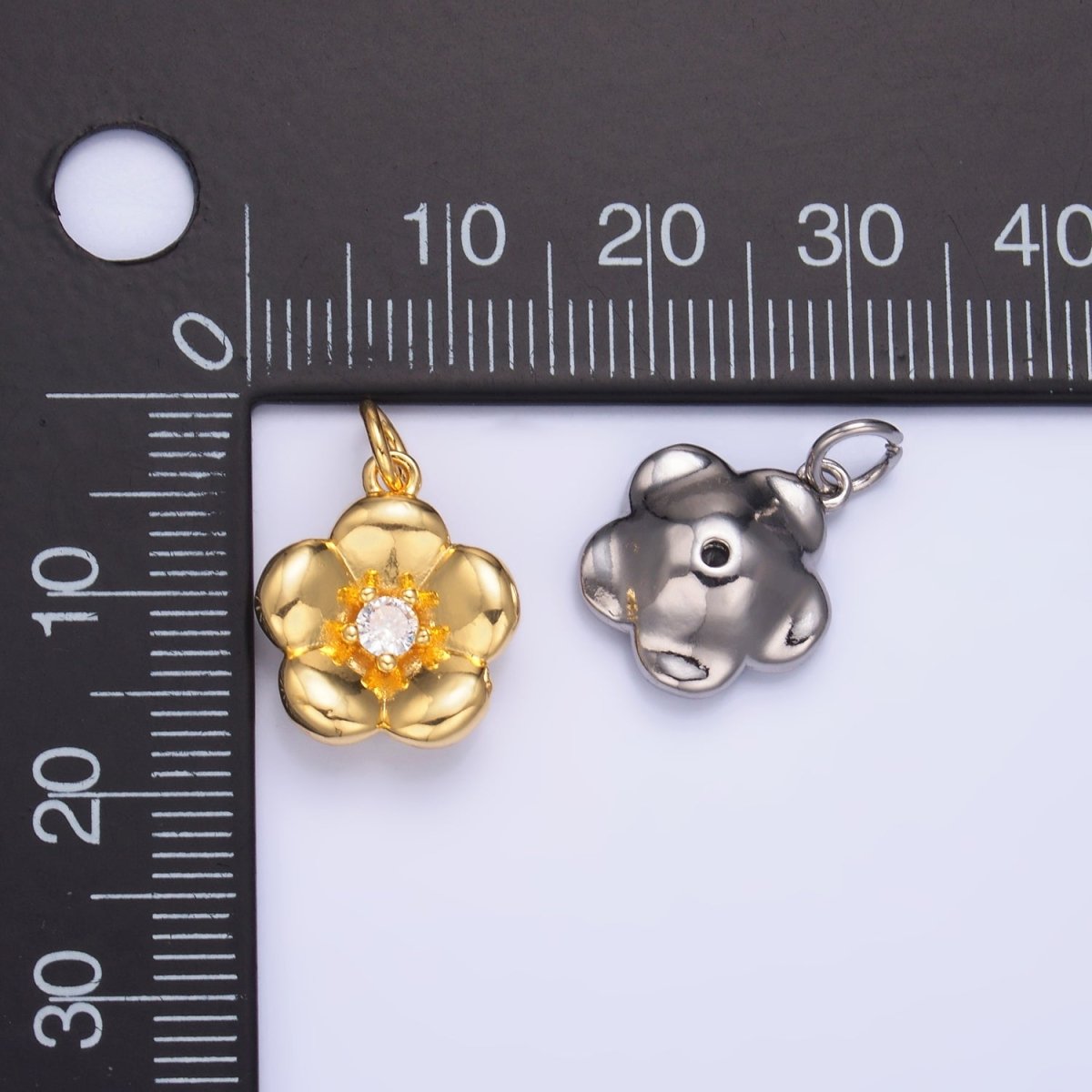 24K Gold Filled 14.5mm CZ Flower Multidimensional 3D Charm in Gold &amp; Silver | W869