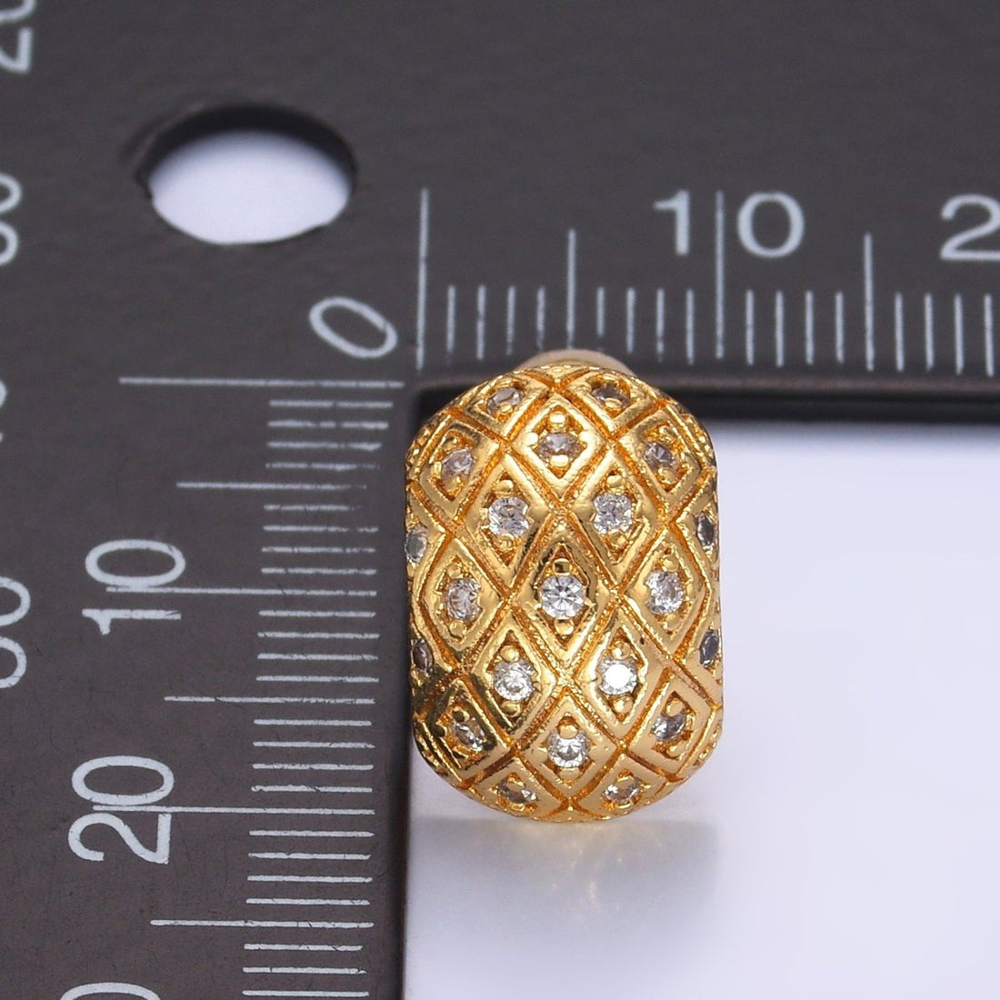24K Gold Filled CZ Geometric Quilted Wide J-Shaped Hoop Earrings | AB708