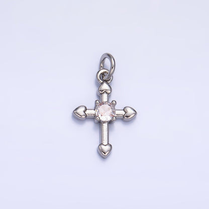 24K Gold Filled 13.5mm CZ Heart Religious Cross Mini Charm in Gold &amp; Silver | W377