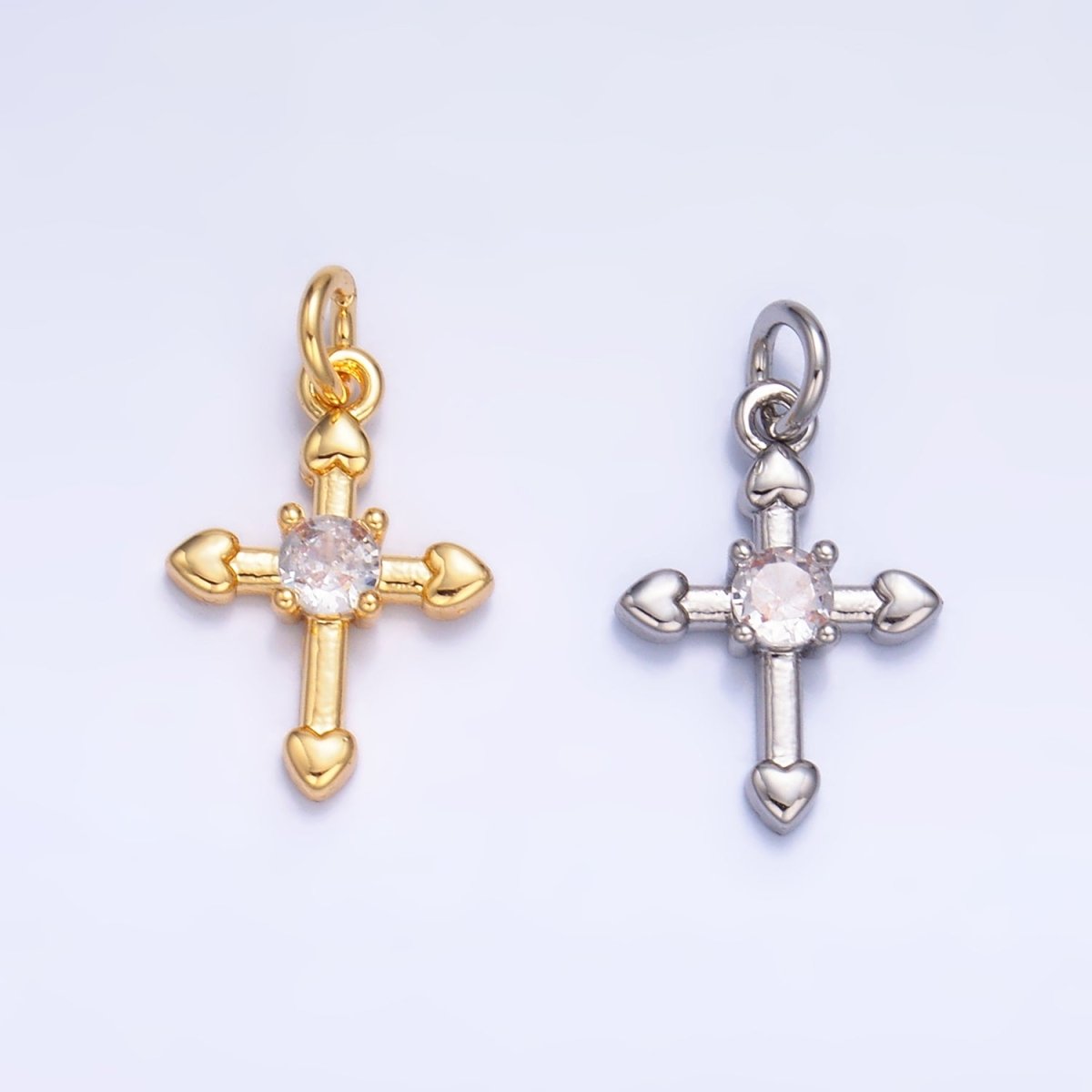 24K Gold Filled 13.5mm CZ Heart Religious Cross Mini Charm in Gold &amp; Silver | W377