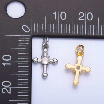 24K Gold Filled 13.5mm CZ Heart Religious Cross Mini Charm in Gold &amp; Silver | W377