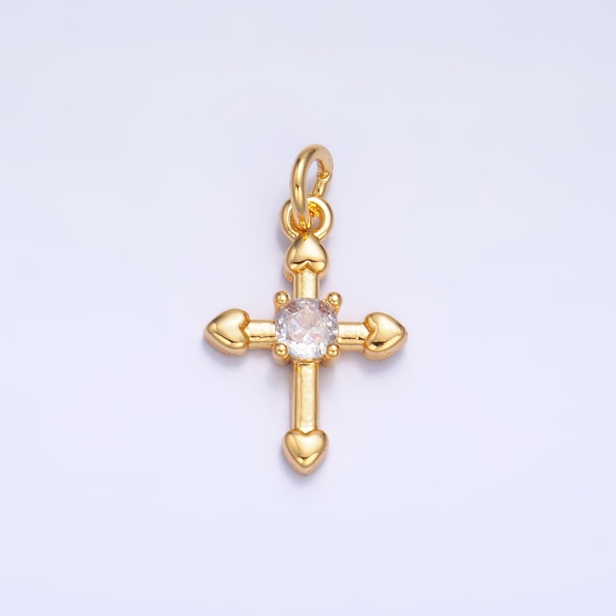 24K Gold Filled 13.5mm CZ Heart Religious Cross Mini Charm in Gold &amp; Silver | W377