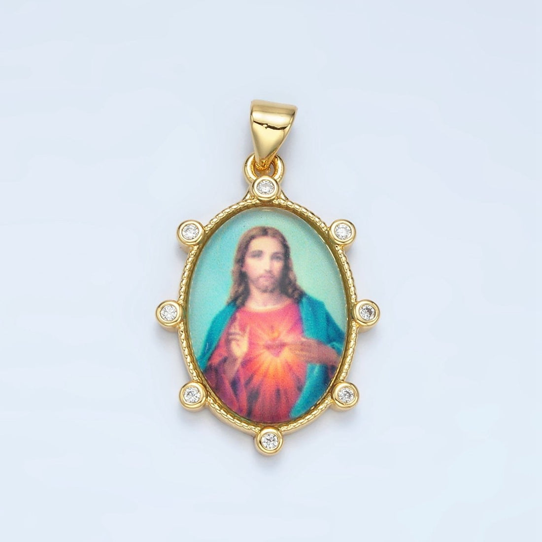 24K Gold Filled CZ Jesus Sacred Heart Oval Religious Pendant | AA-901