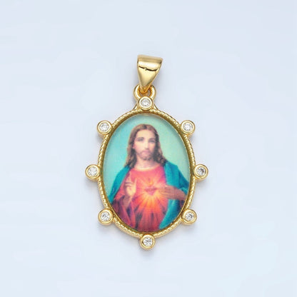 24K Gold Filled CZ Jesus Sacred Heart Oval Religious Pendant | AA-901