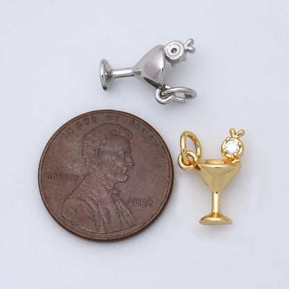24K Gold Filled CZ Martini Alcoholic Drink 3D Multidimensional Charm in Gold &amp; Silver | W805