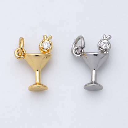 24K Gold Filled CZ Martini Alcoholic Drink 3D Multidimensional Charm in Gold &amp; Silver | W805