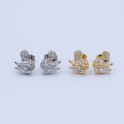 24K Gold Filled CZ Micro Paved Duck Dove Bird Stud Earrings in Gold &amp; Silver | AI472 AI542
