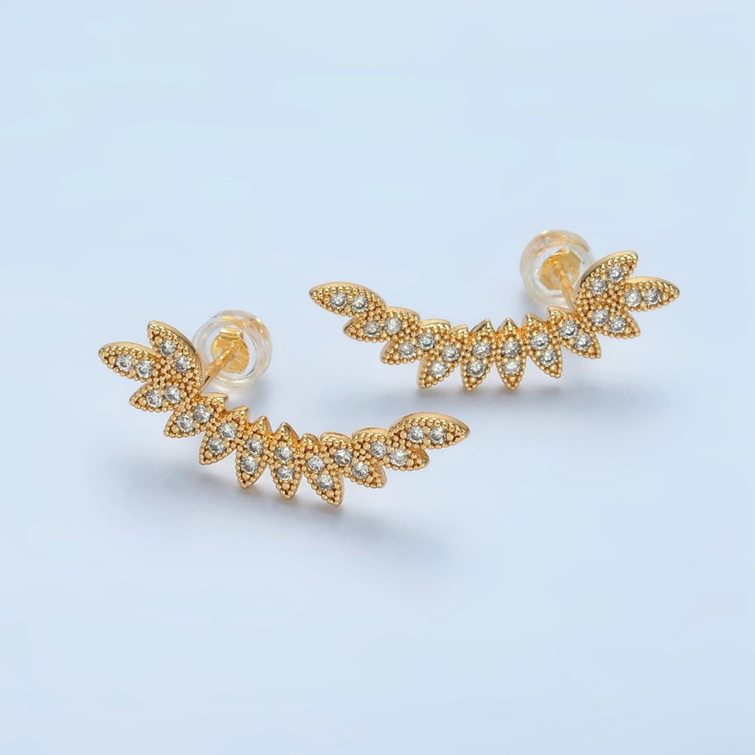 24K Gold Filled Curved Micro Paved CZ Leaf Nature Stud Earrings Set | AD745