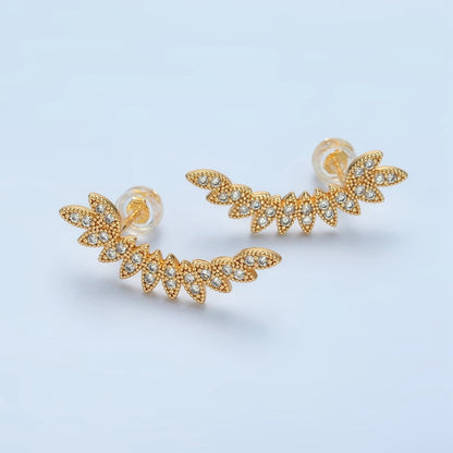 24K Gold Filled Curved Micro Paved CZ Leaf Nature Stud Earrings Set | AD745
