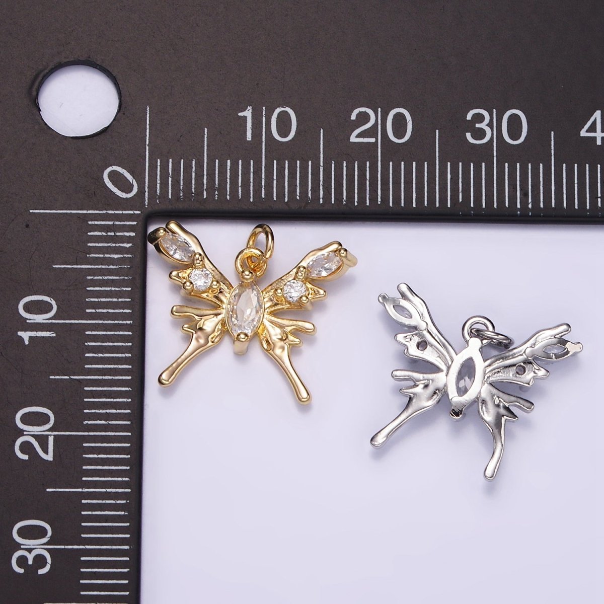 24K Gold Filled 18mm CZ Molten Drip Butterfly Insect Charm in Gold &amp; Silver | AC170