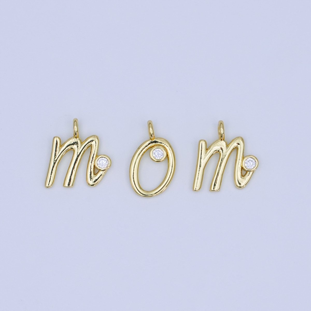 24K Gold Filled CZ "MOM" Cursive Script Charm Set | N048