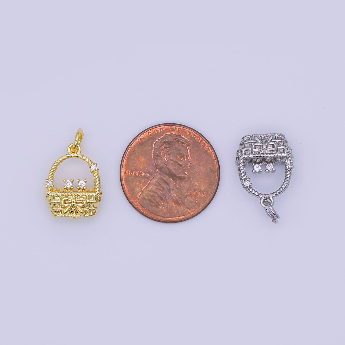 24K Gold Filled CZ Picnic Basket 3D Multidimensional Charm in Gold &amp; Silver | AJ366