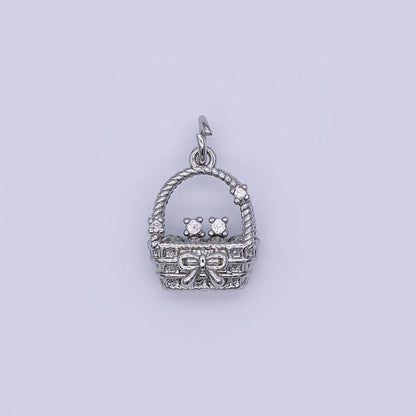 24K Gold Filled CZ Picnic Basket 3D Multidimensional Charm in Gold &amp; Silver | AJ366