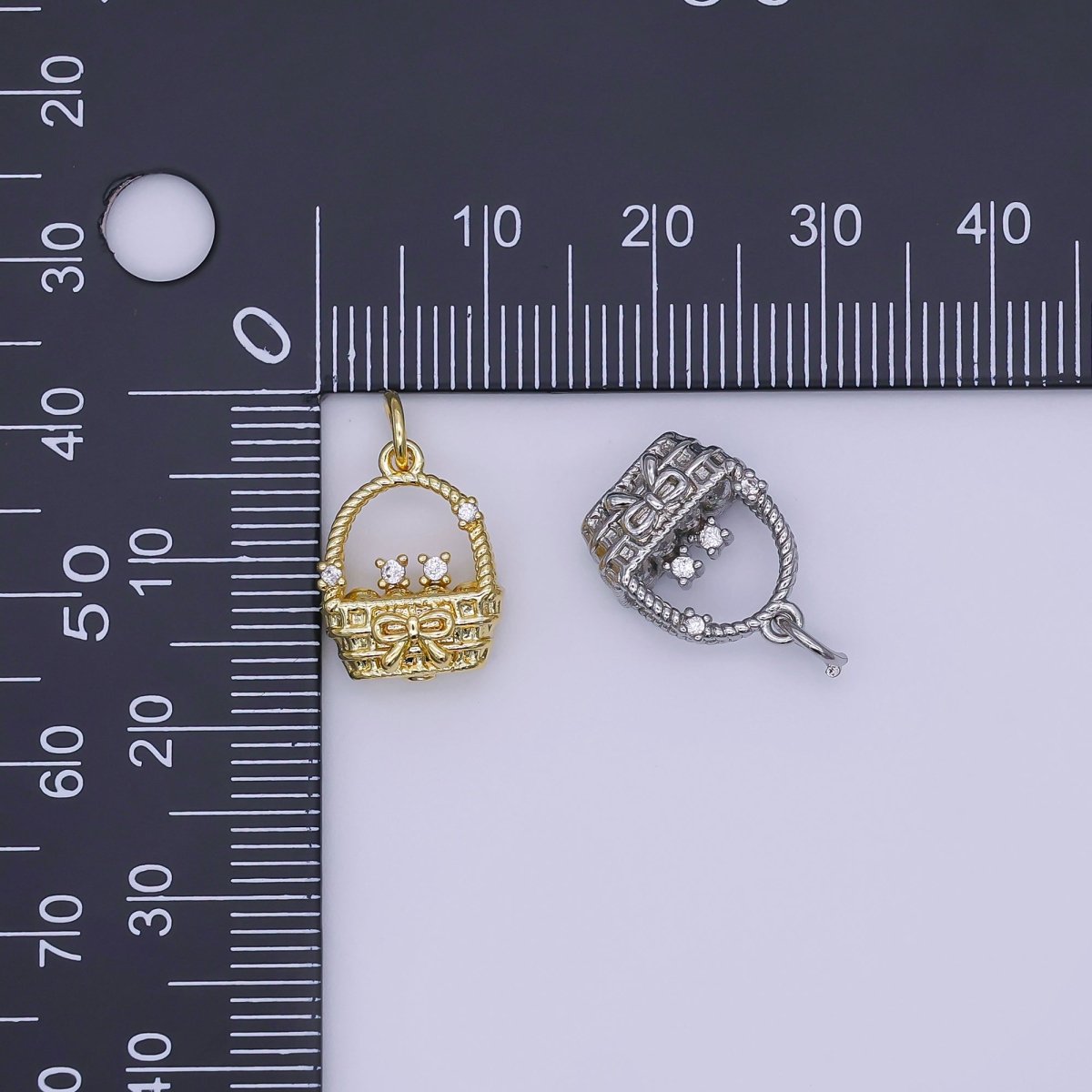 24K Gold Filled CZ Picnic Basket 3D Multidimensional Charm in Gold &amp; Silver | AJ366
