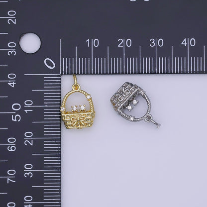 24K Gold Filled CZ Picnic Basket 3D Multidimensional Charm in Gold &amp; Silver | AJ366